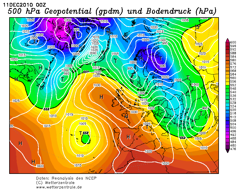 500 hPa Geopotential accompanied by the MSLP (Credit: