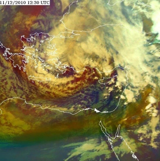 Meteosat-9 Airmass RGB, 11 December 12:30 UTC