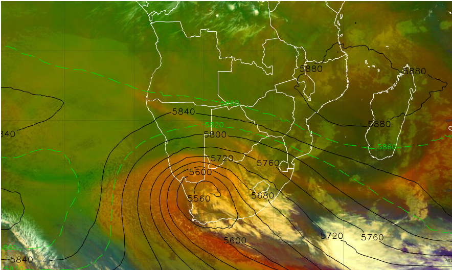 Airmass RGB image of cold front and cut-off low with 500hPa geopotential heights on 13 July at 18:00 UTC