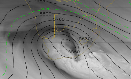 Water Vapour 6.2 channel with 500hPa geopotential heights on 14 July at 06:00 UTC