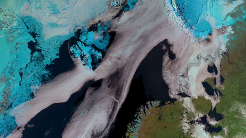 Ice floes (cyan colour) around Svalbard and the east coast of Greenland.