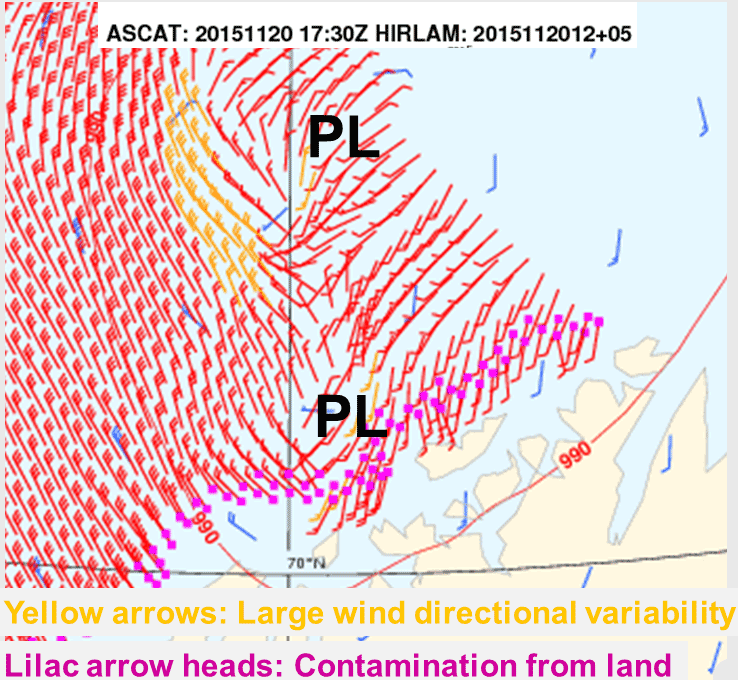 ASCAT winds from 20 Nov 17:30 UTC. Red lines are a five hour forecast of the isobars from Hirlam, with valid time 20 Nov 17:00 UTC. Credit: Ad Stoffelen.