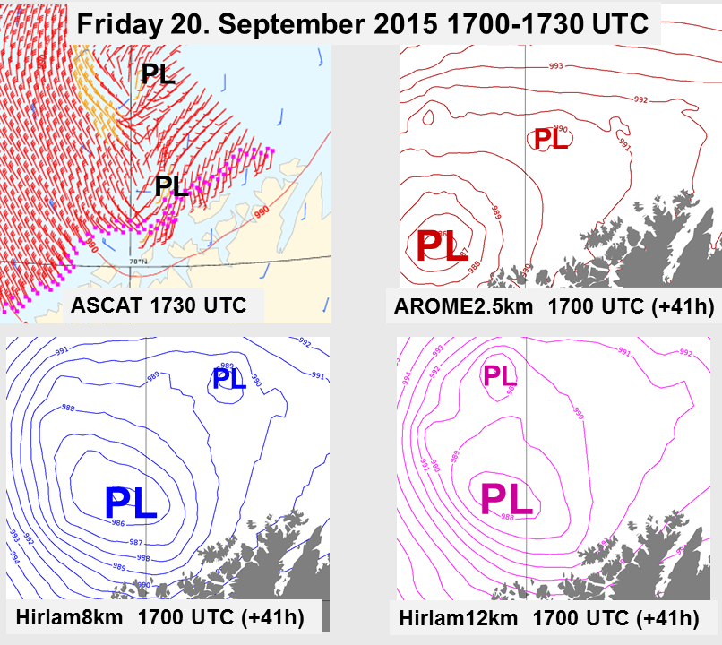 Upper left: ASCAT winds. Upper right: +41h isobars from AROME. Lower left: +41h isobars from Hilam8km. Lower right: +41h isobars from Hirlam12km.