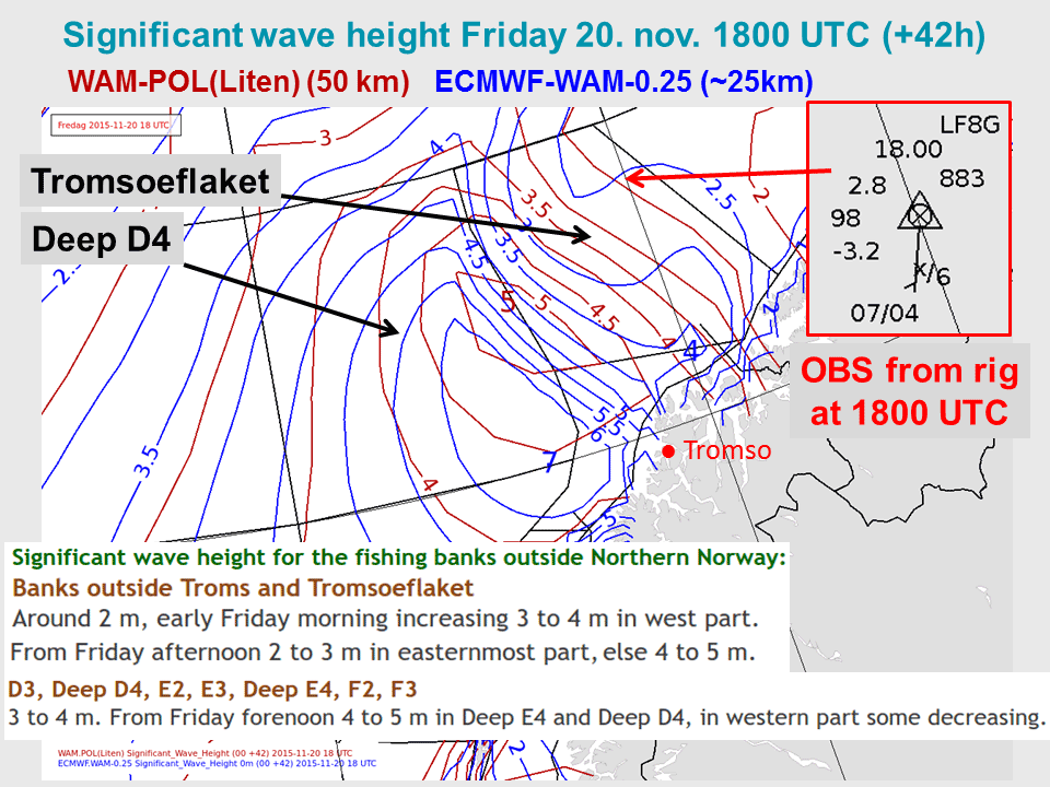 Dark red isolines: significant wave height from a wave model (WAM) with 50 km horizontal resolution. Blue isolines: significant wave height from a EC wave model with 25 km horizontal resolution.