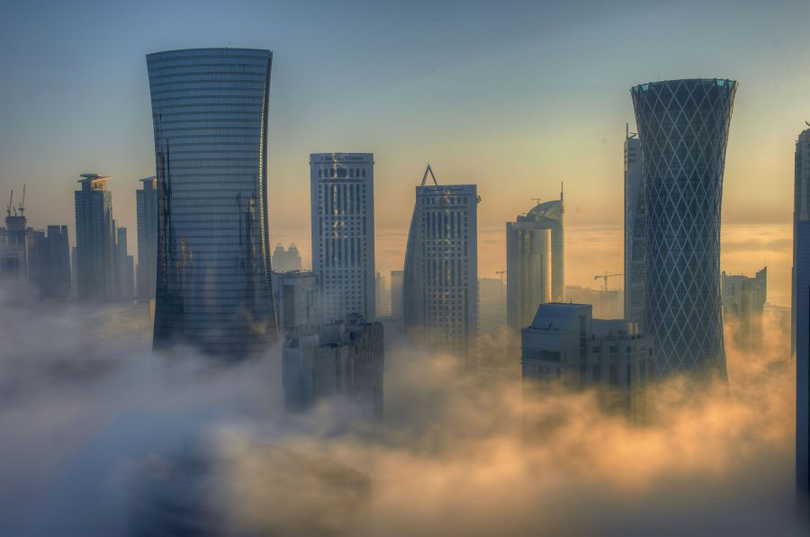 Fog hangs over the city of Doha, Qatar