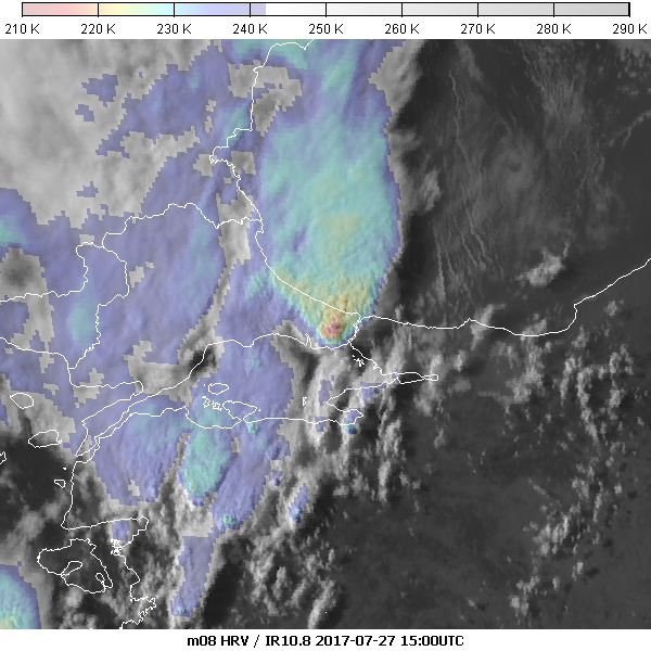 Met-8 HRV overlaid with IR10.8 temperature, 27 July, 15:00 UTC