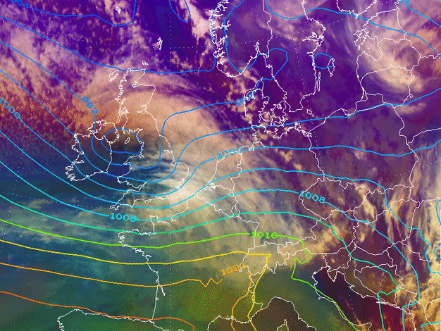 Meteosat-10 Airmass RGB imagery overlaid with the 00z run of the GFS model from 00:00–24:00 UTC on 18 January
