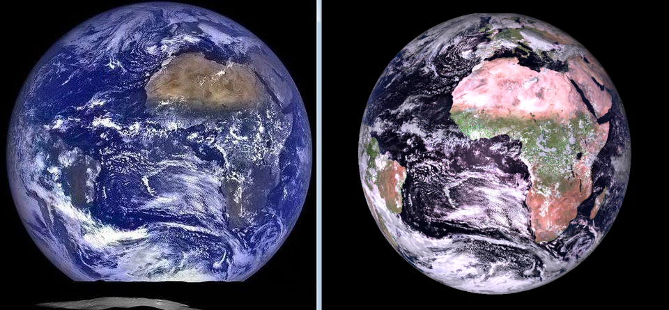 Comparison between the Meteosat-101 Natural Colour RGB (right) with Earthrise photo from the Lunar Renaissance Orbiter (LRO)(left).