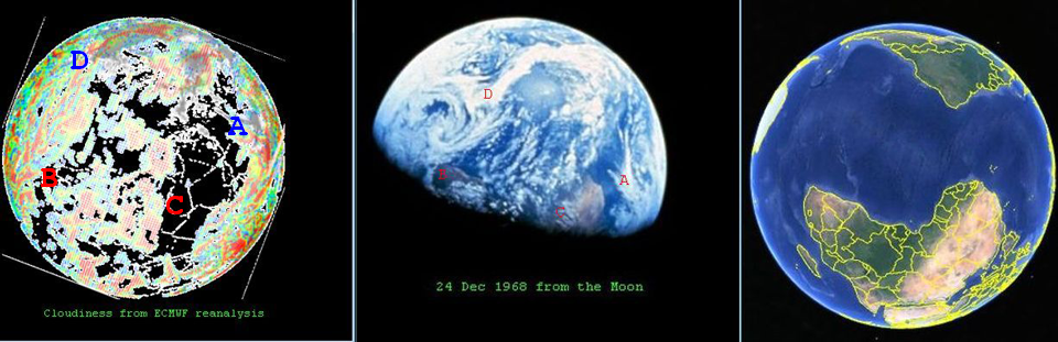 Comparison between the reanalysis from ERA-40 (left) with the actual Earthrise photo (centre) plus a geographical reference from Google Earth (right).