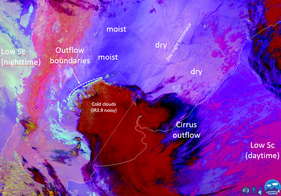 GOES-16 Night Microphysics RGB, 4 March 10:00 UTC. Credit: CIRA
