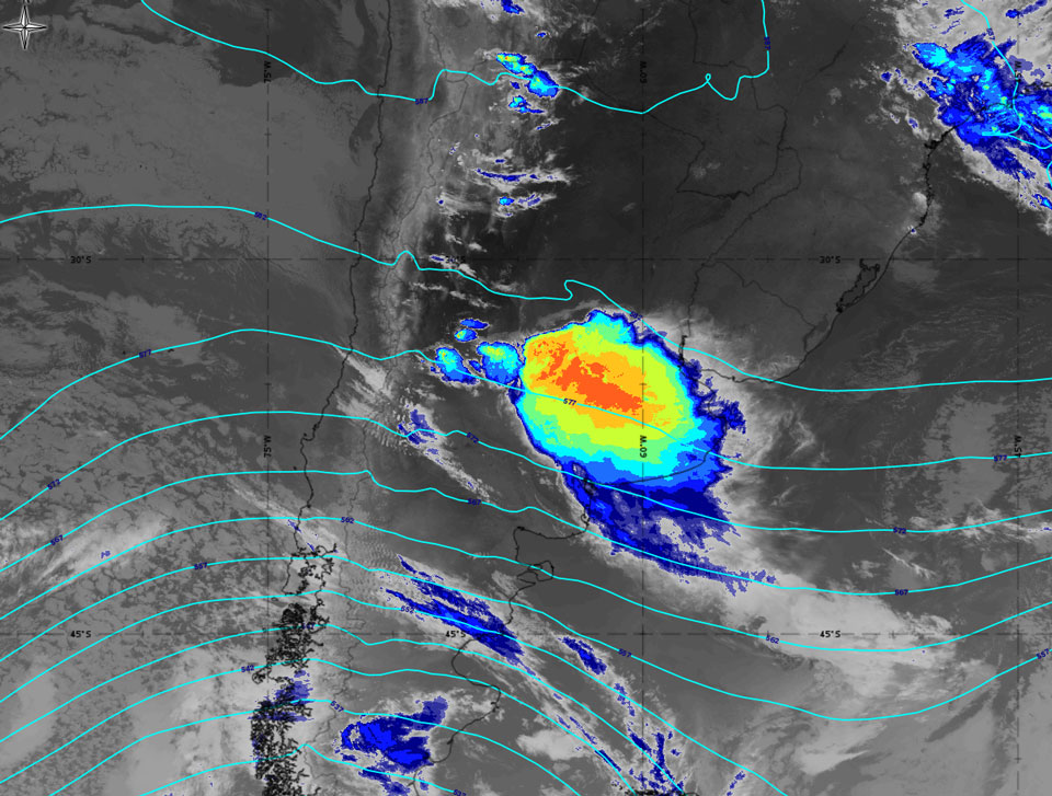 GOES-16 IR10.3 image with absolute topography at 500 hPa. Credit: EUMeTrain ePort