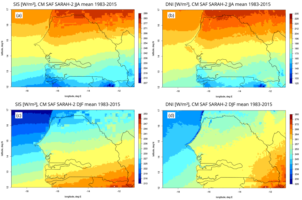 CM SAF SARAH-2 SIS (left) and DNI (right) multi-annual seasonal means 1983-2015 for Senegal. Upper row: June-July-August (JJA) seasonal mean, lower row: December-January-February (DJF) seasonal mean.