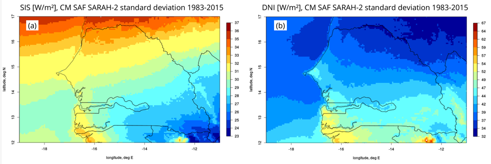 CM SAF SARAH-2 SIS (a) and DNI (b) standard deviation 1983-2015 for Senegal.