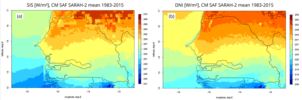 CM SAF SARAH-2 SIS (a) and DNI (b) multi annual mean 1983-2015 for Senegal. DNI: direct solar irradiance on a surface perpendicular to the incident radiation. Clouds and aerosols have a much higher impact on DNI than on SIS.