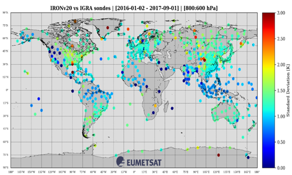 Figure 4. Standard deviation between IASI and sonde atmospheric temperature between 600 and 800 hPa