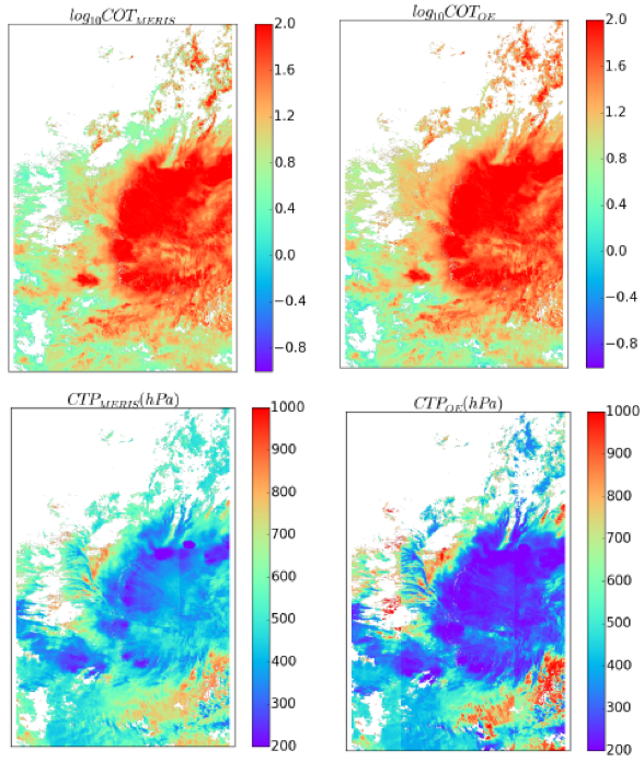  Retrieved COT and CTP over convective cloud system; operational MERIS left and METimage algorithm right