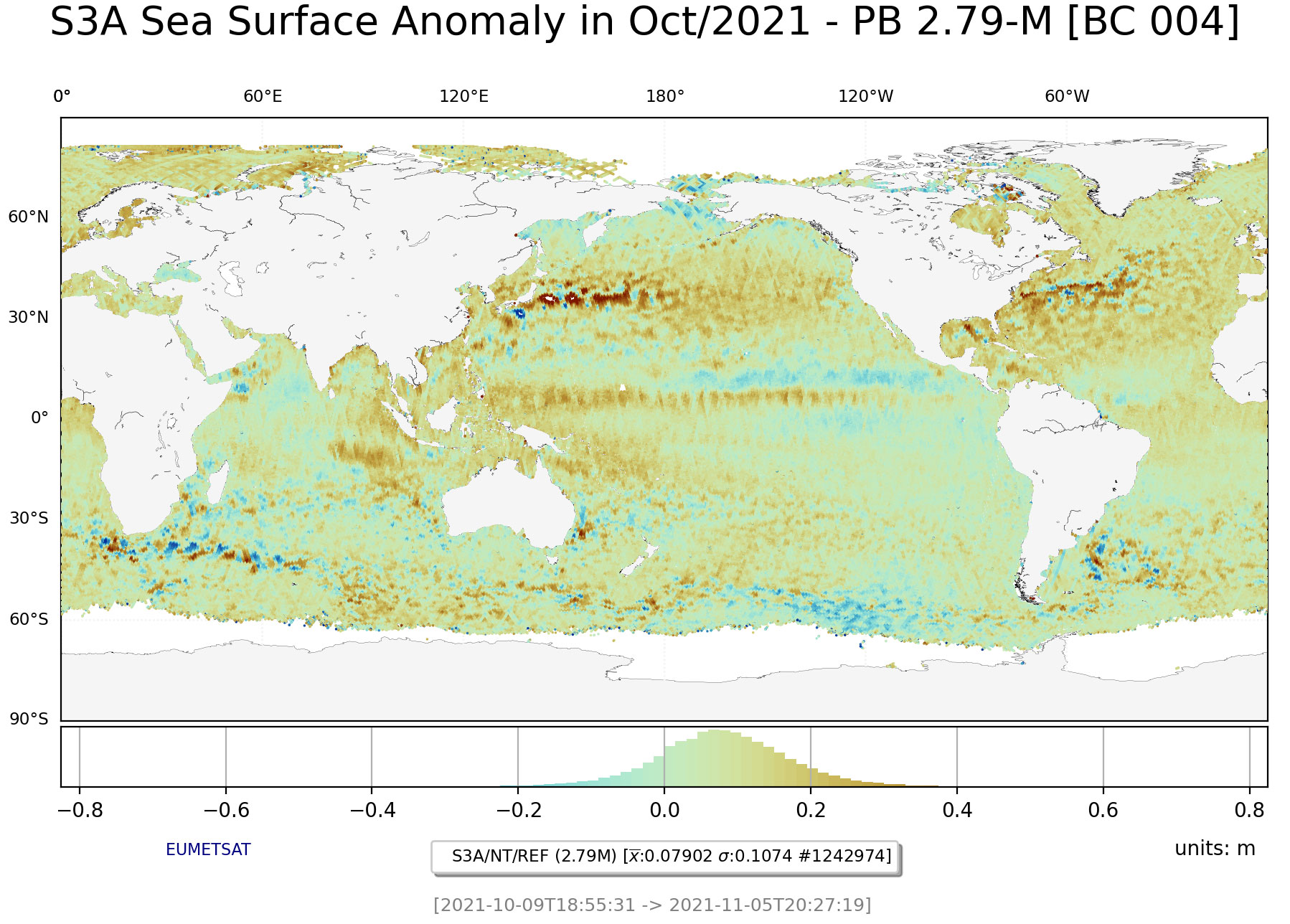 Sentinel-3A Sea Surface Anomaly Oct 2021