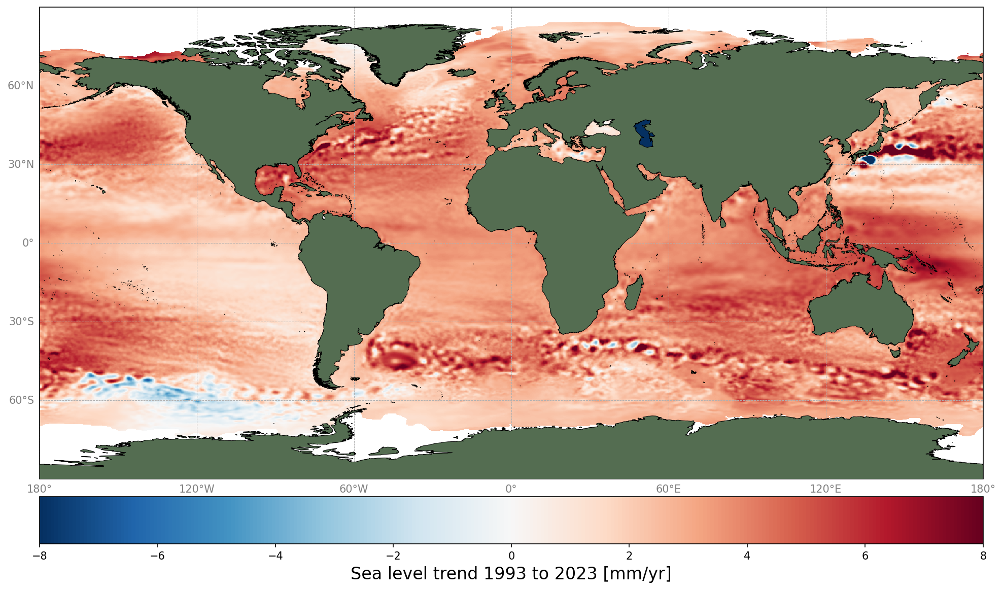 This map of the variation in sea level from 1993 to 2023 shows, in general, a global rise
