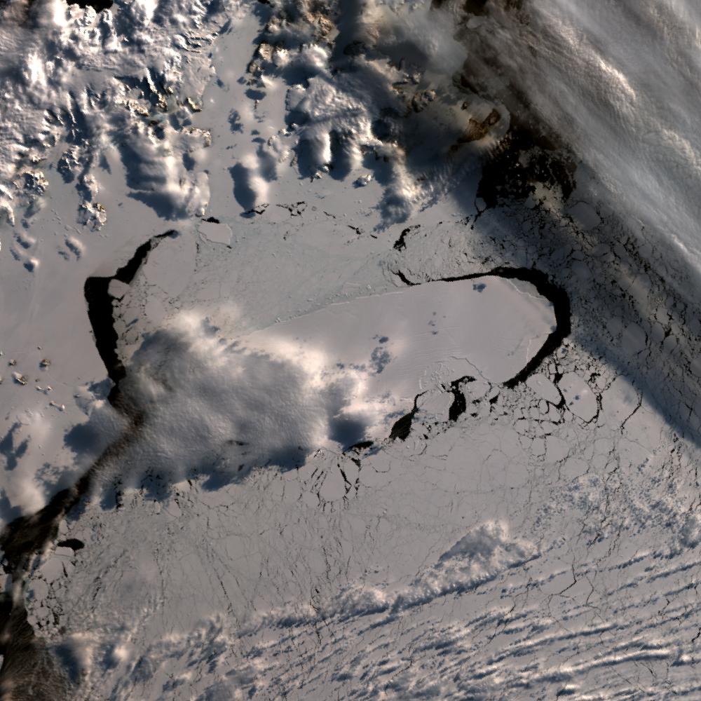 This image from Copernicus Sentinel-3A on 11 September 2019 shows the massive A-68 Antarctic iceberg before it broke apart into smaller fragments