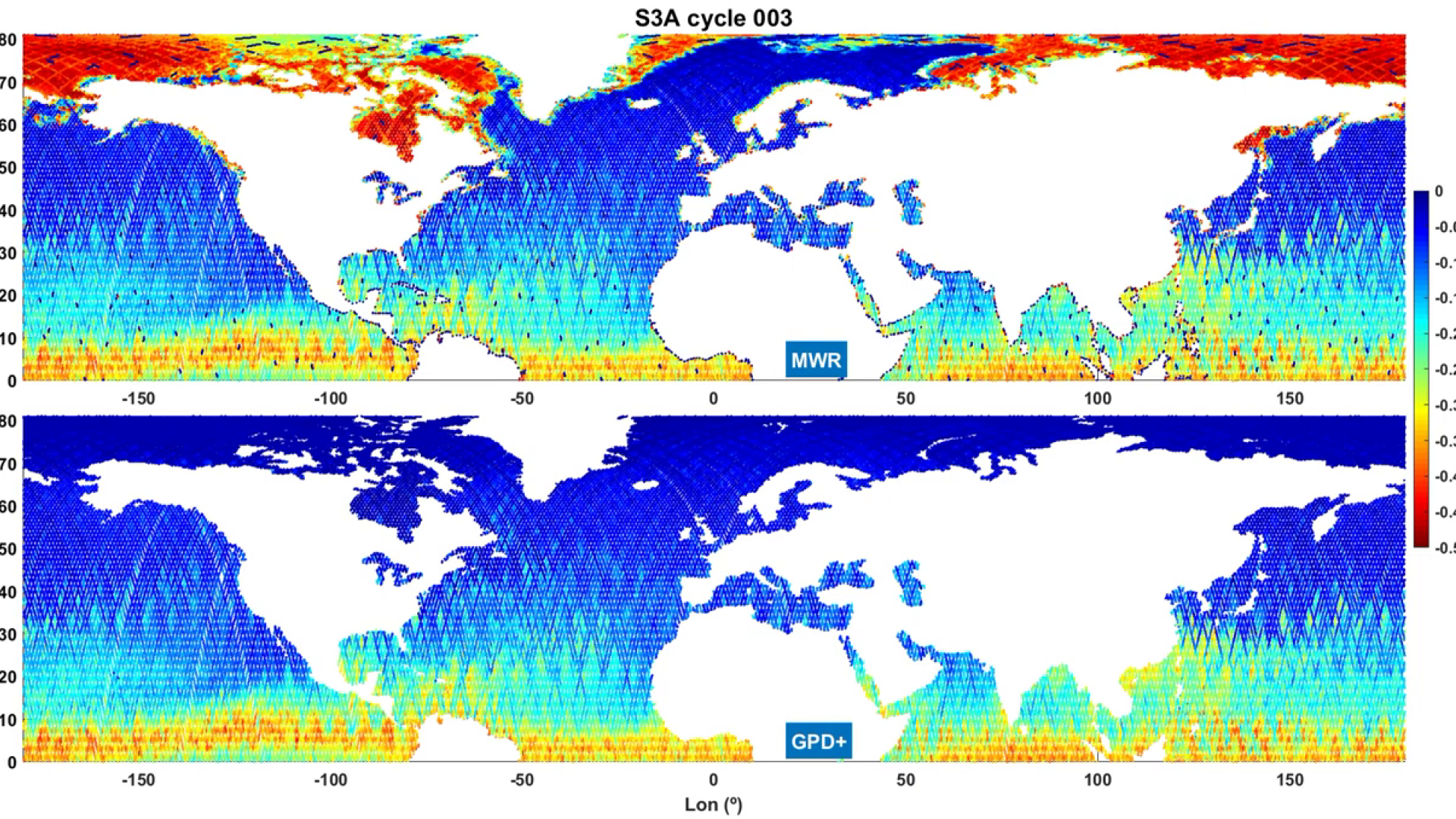 WTC from MWR on board Sentinel-3A (S3A) (top) and from GPD+ (bottom) 