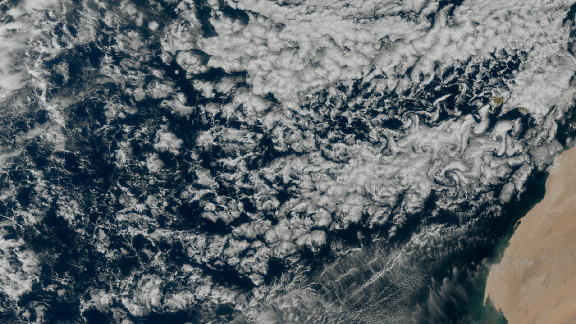 Kármán Vortices, west coast of Africa, Meteosat-12, FCI, 9 March 2026, 12:40 UTC